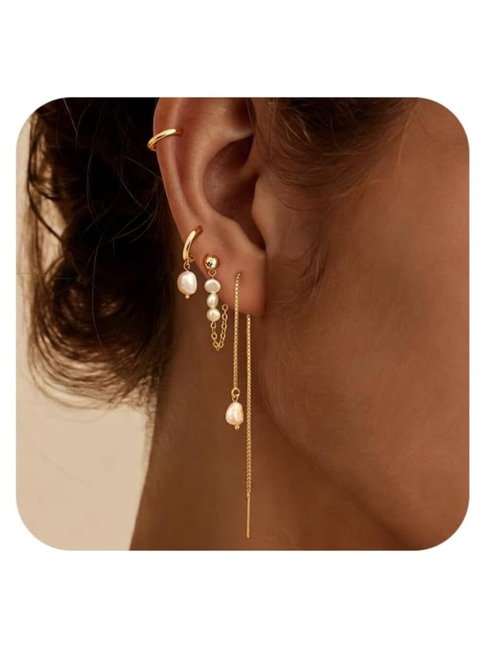 14K Gold Plated Pearl Huggie Hoop Drop Earrings Hypoallergenic